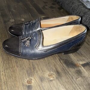 Vintage Peter Huber Men's Tasseled Leather Loafers Black Navy Dress Size 10.5